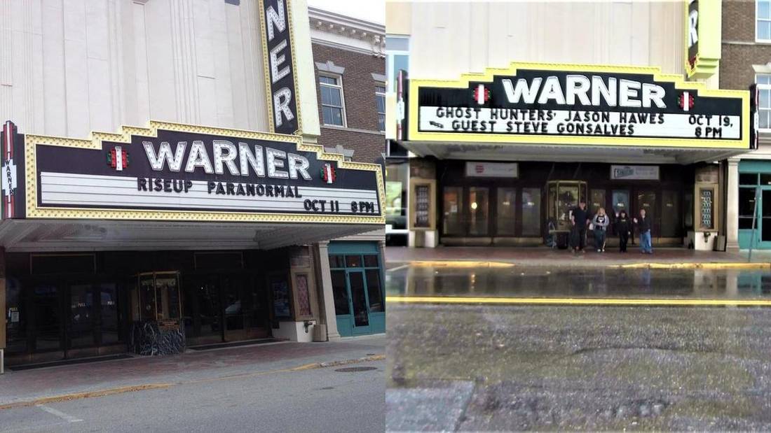 Warner Theatre marquee advertising the RISEUP public investigations and Ghost Hunters presentation